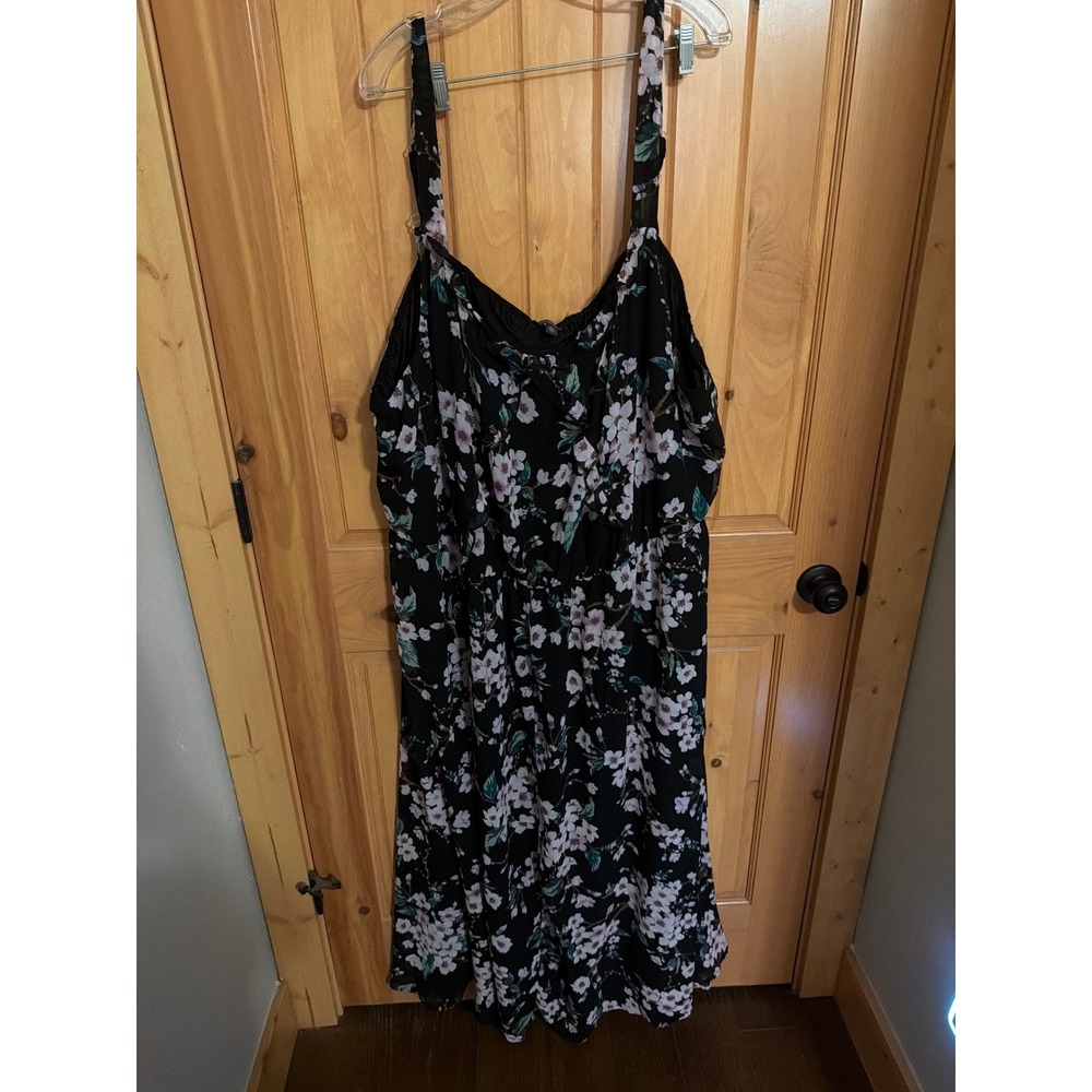 NWOT Roaman's Black Floral Ruffle V-Neck Midi Dress Plus Sz 40W Adj Straps 5X